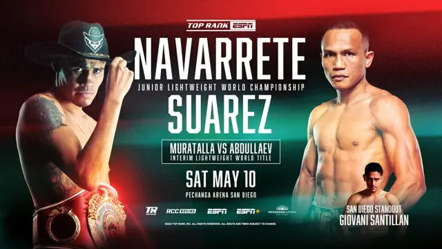Fight purse: Navarrete vs. Suarez – WBO World Super Featherweight Title, promoted by Top Rank
拳资：纳瓦雷特 vs 苏亚雷斯 —— WBO世界超羽量级冠军赛，Top Rank推广公司主办