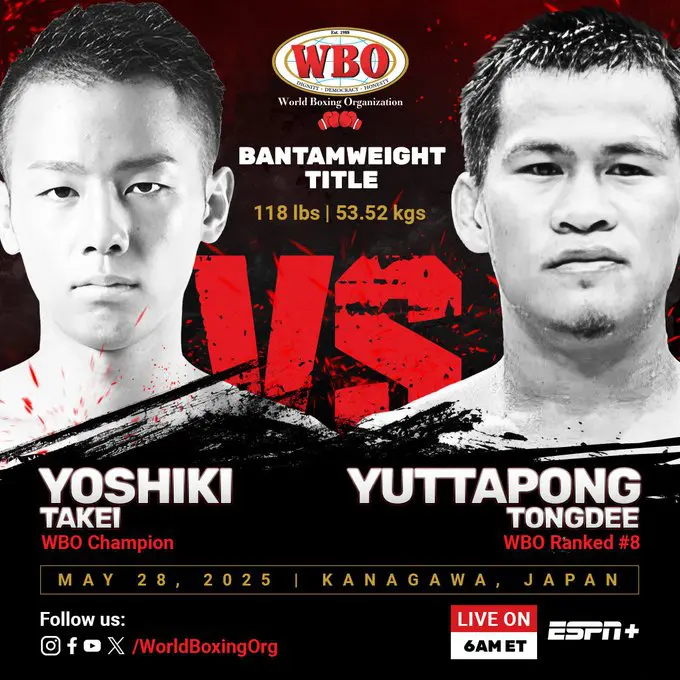 Breaking News: Yuki Takei vs. Yuttapong Tongdee – WBO World Bantamweight Title Match